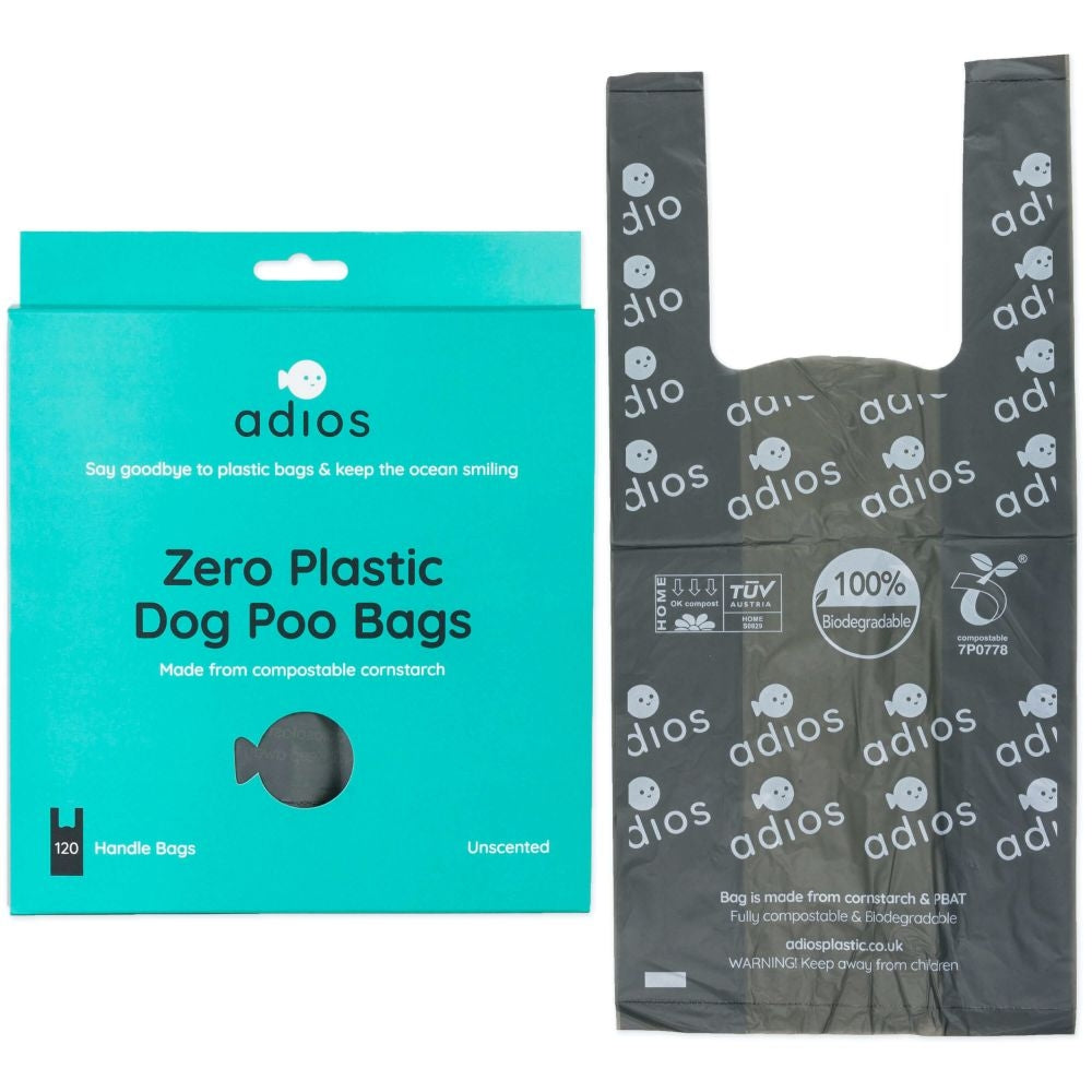 Adios Compostable Dog Poo Bags Grey With Handles (120 Bags)
