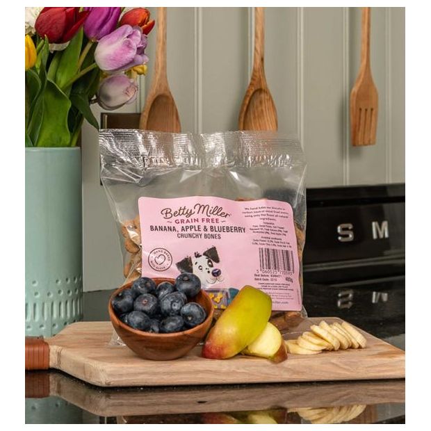 Betty Miller Grain Free Banana, Apple and Blueberry Crunchy Bones Dog Treats 400g